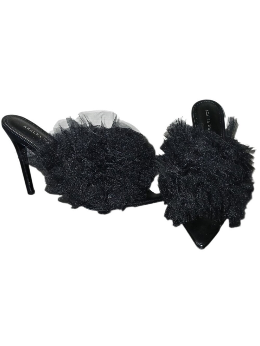 Azalea Wang Black Tulle Pom-Pom Stiletto 5 Inch Heels Size 8